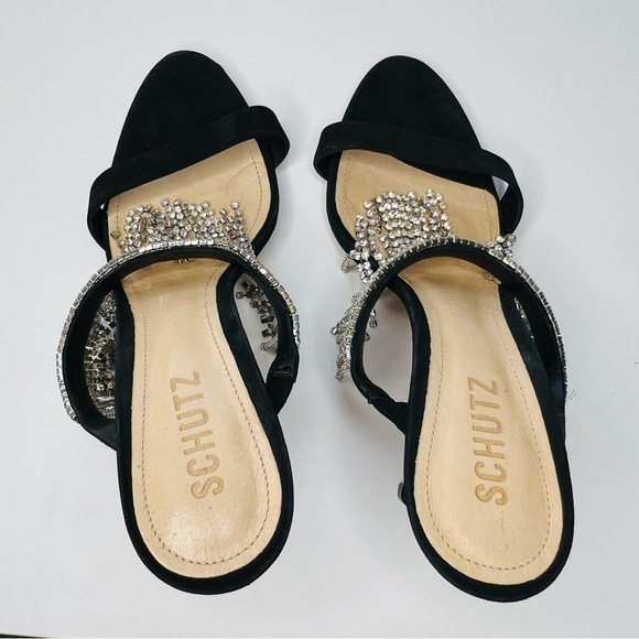 Schultz Heels w Rhinestone Sania Crystal Fringe Slide Sandal Size 8 Black Silver - Picture 7 of 8